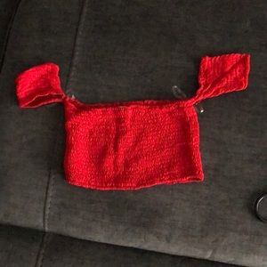 Red off the shoulder top.